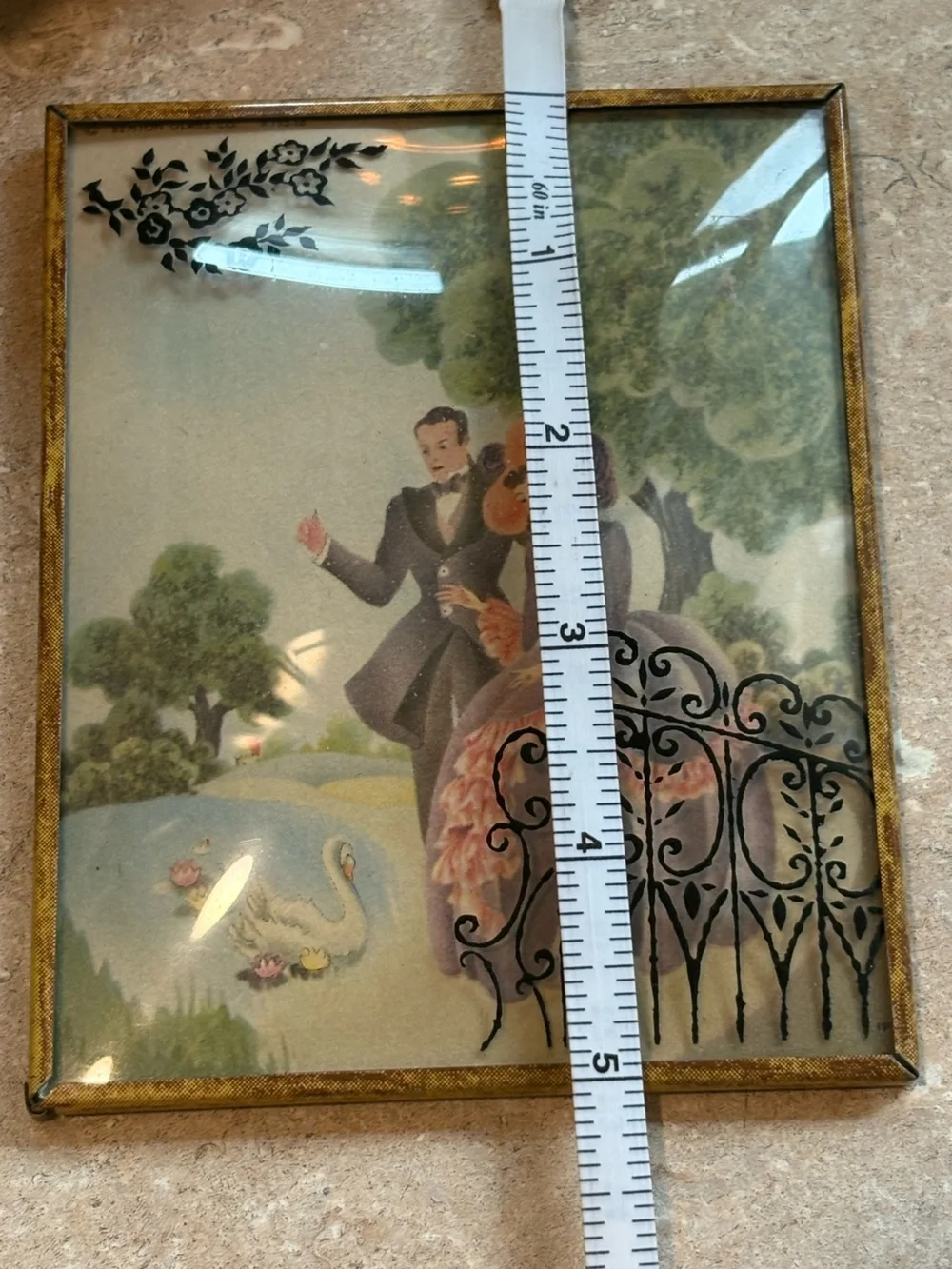 Vintage Pair Reverse Painted Bubble Glass Victorian Couple Brass Wall Pictures